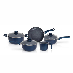 Modern 8-Piece Non-Stick Cookware Set Navy Blue Ceramic Coated Pots <b>Pans</b> Glass <b>Lids</b> Plastic Handles Induction Compatible - Product Image 1