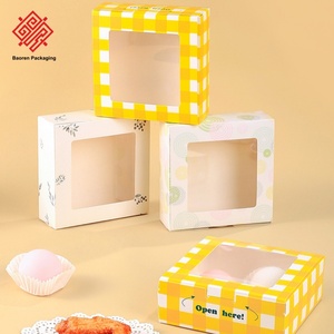 Baoren Packaging Square Cardboard Cake Box With Clear Window Yellow Checkered Design For Cupcakes <b>Desserts</b> Food Packaging <b>Boxes</b> - Product Image 2