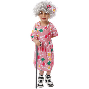 Disfraz de abuela para niños, vestido floral rosa con peluca y bastón para fiesta, actuación de Halloween - Product Image 1