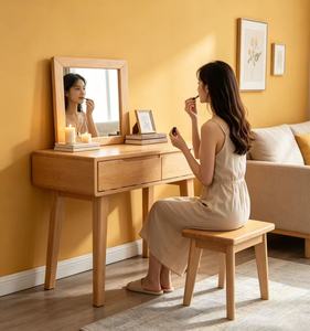 Scandinavian Solid Oak Makeup Vanity With Mirror And <b>Storage</b> Drawers <b>For</b> Bedroom - Product Image 5