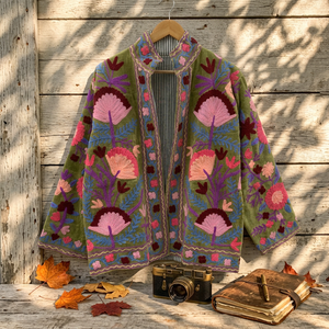 Chaqueta Bomber de Terciopelo Verde para Mujer, Cuello Mao, Manga Larga con Volantes, Bordado Floral Rosa, Abrigo de Invierno y Otoño - Product Image 4