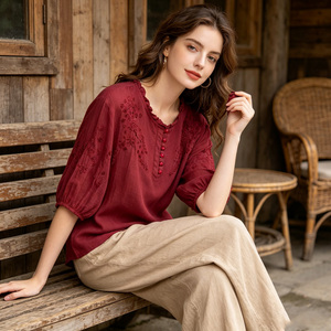 Blusa de Gasa Rosa para Mujer, Manga Tres Cuartos, Cuello Peter Pan, Bordado, Corte Holgado, Elegante, para Primavera/Verano - Product Image 4