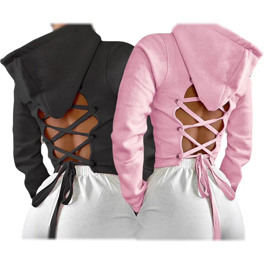 2021 Spring Autumn Hollow Back Lace-up tie up Hooded Sweater Female Trendy Wild Crop Loose Cropped Hoodies Women