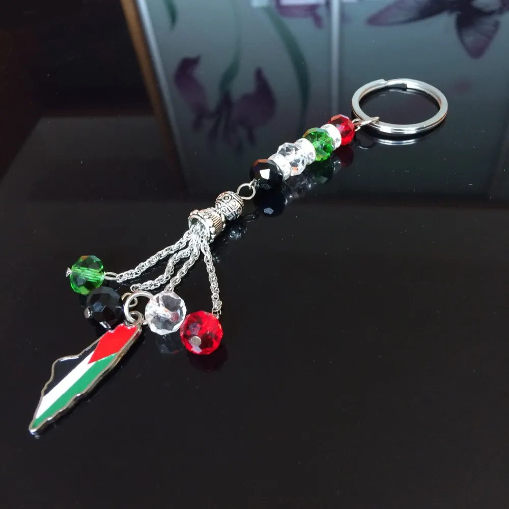 Eid Hồi Giáo Hồi Giáo Món Quà Tùy Chỉnh Palestine Bản Đồ Cờ Kim Loại Thủy Tinh Hạt Vòng Chìa Khóa Keychain