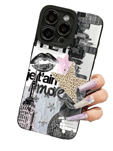 Nuova <span class=keywords><strong>Cover</strong></span> per <span class=keywords><strong>iPhone</strong></span> 17 16 Pro Max <span class=keywords><strong>con</strong></span> Stampa Città Bianca e <span class=keywords><strong>Nera</strong></span>, Labbra di Leopardo e Stelle, Finitura <span class=keywords><strong>Nera</strong></span> Opaca a Pori Fini - Product Image 5