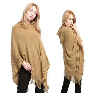 Suéter de punto con pompón para mujer, ponchos de lana con capucha, venta al por mayor