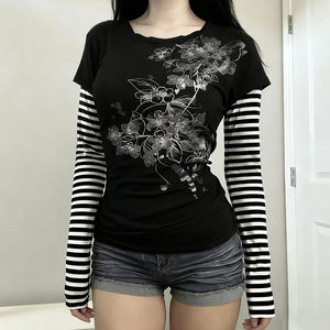 T-shirt à manches longues rayé à superpositions style Y2K pour femmes, imprimé, couleur contrastée, streetwear - Product Image 1