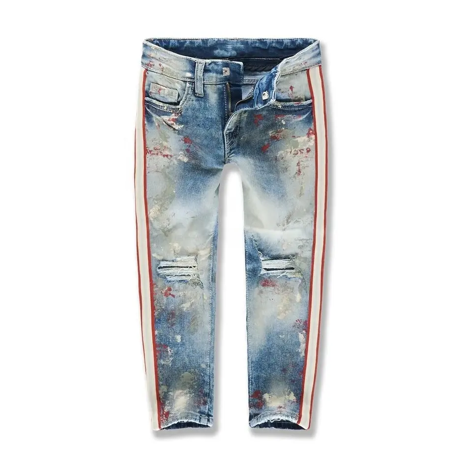סיטונאי ילדי אלסטי מותן ז 'אן מכנסיים צבע הדפסת צד פס ג' ינס ripped ישר ג 'ינס לילדים ילד
