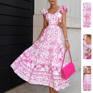 Vestido de estilo europeo y americano para primavera y verano, sexy, a la moda, estampado, con cintura hueca y falda amplia. - Product Image 4