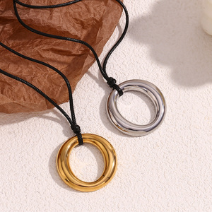 El yapımı vintage siyah deri kordon kolye 316l paslanmaz çelik hoop charm kolye 18k altın kaplama O halka kolye erkekler için - Product Image 6
