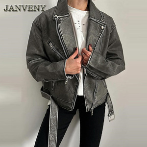 JANVENY 2024 printemps automne Faux <span class=keywords><strong>cuir</strong></span> lavé veste femmes à manches longues revers col Locomotive PU <span class=keywords><strong>Imitation</strong></span> <span class=keywords><strong>cuir</strong></span> <span class=keywords><strong>manteau</strong></span> court - Product Image 2