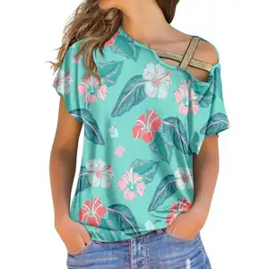 Tops inclinados de lentejuelas de verano, Top holgado de manga corta con un hombro para mujer, camisetas con estampado de diseño de Monstera hawaiana a pedido