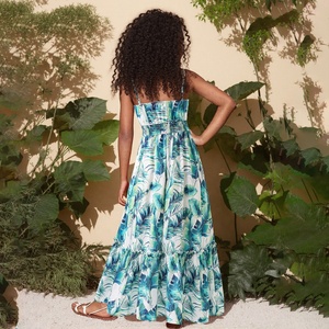 Vestido para niñas con estampado de hojas tropicales, vestido largo bohemio con cuello en V, vestido sin mangas para vacaciones en la playa de verano - Product Image 2