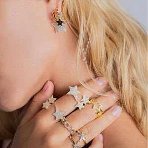 マイクロパヴェczホワイトブルーレインボー色3スター女性指オープンリング - Product Image 3