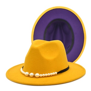 Sombrero de Lana Suave de Doble Cara con Bloques de Color para Mujer, Nuevo, Otoño-Invierno, con Accesorios de Perlas, Cálido, para Exteriores, Estilo Fedora Panamá - Product Image 1