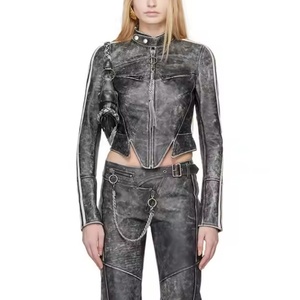 Nouvelle Collection : Ensemble en Cuir Femme de Haute Qualité – Veste Courte Zippée Sexy et Jupe Trapèze en Cuir Délavé Effet Acide - Product Image 1