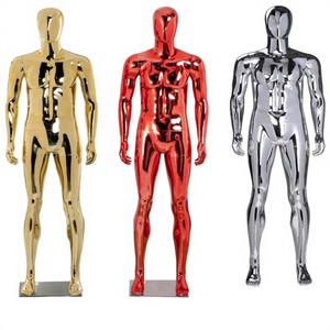 <span class=keywords><strong>Mannequin</strong></span> masculin en plastique musclé, corps entier, avec tête sphérique et finition chromée miroir brillante, couleur argent métallisé - Product Image 1