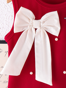 Ensemble de vêtements pour filles de <span class=keywords><strong>4</strong></span> à 7 <span class=keywords><strong>ans</strong></span>, haut rouge à manches courtes en tricot avec nœud et perles, mini-short, vêtements pour enfants - Product Image 5