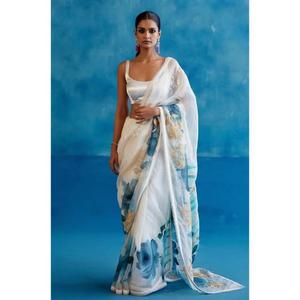 Beaux saris en organza pur et léger avec travail manuel numérique pour les fêtes et toute fonction - Product Image 1