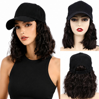 Peluca de gorra de béisbol ondulada de fibra sintética de alta temperatura para mujer, pequeña, con extensiones de cabello corto ondulado, ajustable, marrón y negro