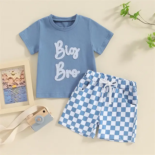 Toddler mùa hè trang phục Thư Thêu Ngắn Tay Áo T-shirt checkerboard quần short 2 mảnh trẻ mới biết đi chàng trai quần áo thiết lập
