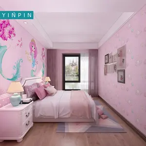 Hermoso mural personalizado de sirena rosa, decoración de papel tapiz para habitación de princesa