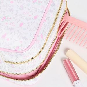 Trousse de Maquillage Florale Écologique Grande Capacité Personnalisable, Pochette Double Fermeture Éclair Pliable, Imperméable, Style Preppy, Portable pour Voyage - Product Image 3