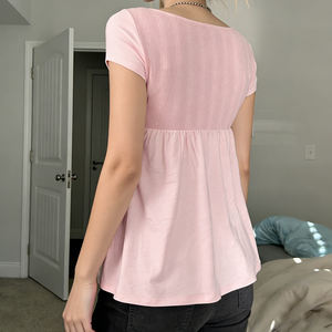 Jacquard Knit Solid Color T-<b>Shirt</b> Lace Patchwork Square Neck Short Sleeve Babydoll Blouse Slimming Flattering Top - Product Image 4