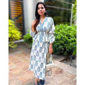 Hand <b>Block</b> <b>Printed</b> White and Blue Elasticated Long Dress for Women – Stylish Cotton Maxi Dress, Boho Casual Summer Wear - Product Image 6