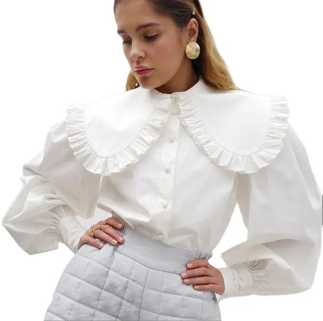 2024 Damen französischer Stil Puppenhalsausschnitt weiß reine Baumwolle Hemd Holz Ohrrand langärmeliges Hemd