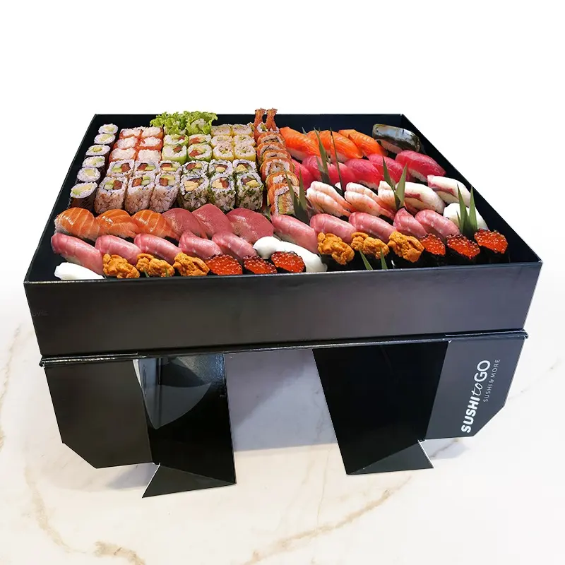 Hoge Kwaliteit Op Maat Wegwerp Zwart Papier Sushi Te Gaan Doos Reliëf Uv Gecoate Matte Laminering Logo Patroon Food Grade Set