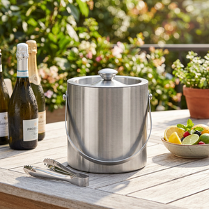 Double Wall Chrome Finish Stainless Steel <b>Ice</b> Bucket Lid <b>Ice</b> Tongs 2L Capacity Solid Pattern American Style Party Occasions - Product Image 2