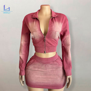 Huili New Trending Custom Logo Soft Breathable Raw Hem Hooded Top &amp; Zipper Mini Skirt Outfit Hoodie Two Piece Set Women <strong>Clothing</strong> - Product Image 6
