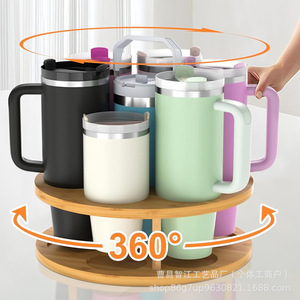 Bamboo rotating cup holder/water bottle organizer with handle, <b>kitchen</b> water cup storage <b>rack</b>. - Product Image 1