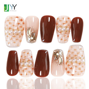 Set de <span class=keywords><strong>Uñas</strong></span> Postizas de Gel Borgoña Otoño-Invierno, Efecto Estrellado, Rojo <span class=keywords><strong>Vino</strong></span>, Acrílicas para Fiestas, Hechas a Mano, con Diseño, 100% Adhesivas - Product Image 1