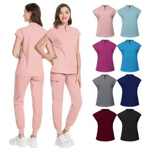 Uniformes de hospital con logotipo personalizado elástico de rayón de poliéster de alta calidad, uniformes para mujeres, batas de laboratorio médico, conjunto de uniformes de enfermera