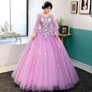Purple Puff Sleeve Tutu Dress Long Skirt Stage Performance Women Adult Vocal Exam Host Annual Meeting Dress - Product Image 2