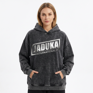 Sweat à capuche oversize noir délavé à l'acide avec logo personnalisé imprimé, manches longues, poche kangourou, style streetwear décontracté - Product Image 1