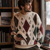 Pull de Noël surdimensionné unisexe, motif rétro Argyle, sapin, flocon de neige, houx, tricoté, logo personnalisé