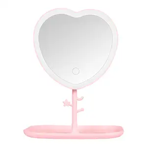 Touch Screen Heart Shaped LED Maquiagem Espelho com Bandeja De Armazenamento HD Dormitório Espelho girly Desktop Espelho Portátil com luz