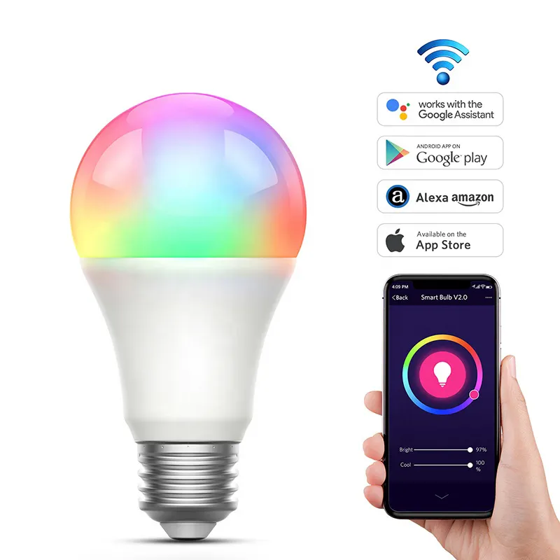 CHZM Contoh Gratis E27 9W RGB Dapat Diredupkan Dalam Ruangan WIFI APP Multicolor Kontrol LED Bola Lampu Pintar