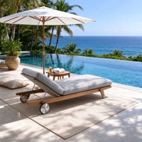 Chaise longue d'extérieur en teck massif avec coussin en mousse hautement élastique, chaise longue inclinable à roulettes pour piscine, plage, jardin