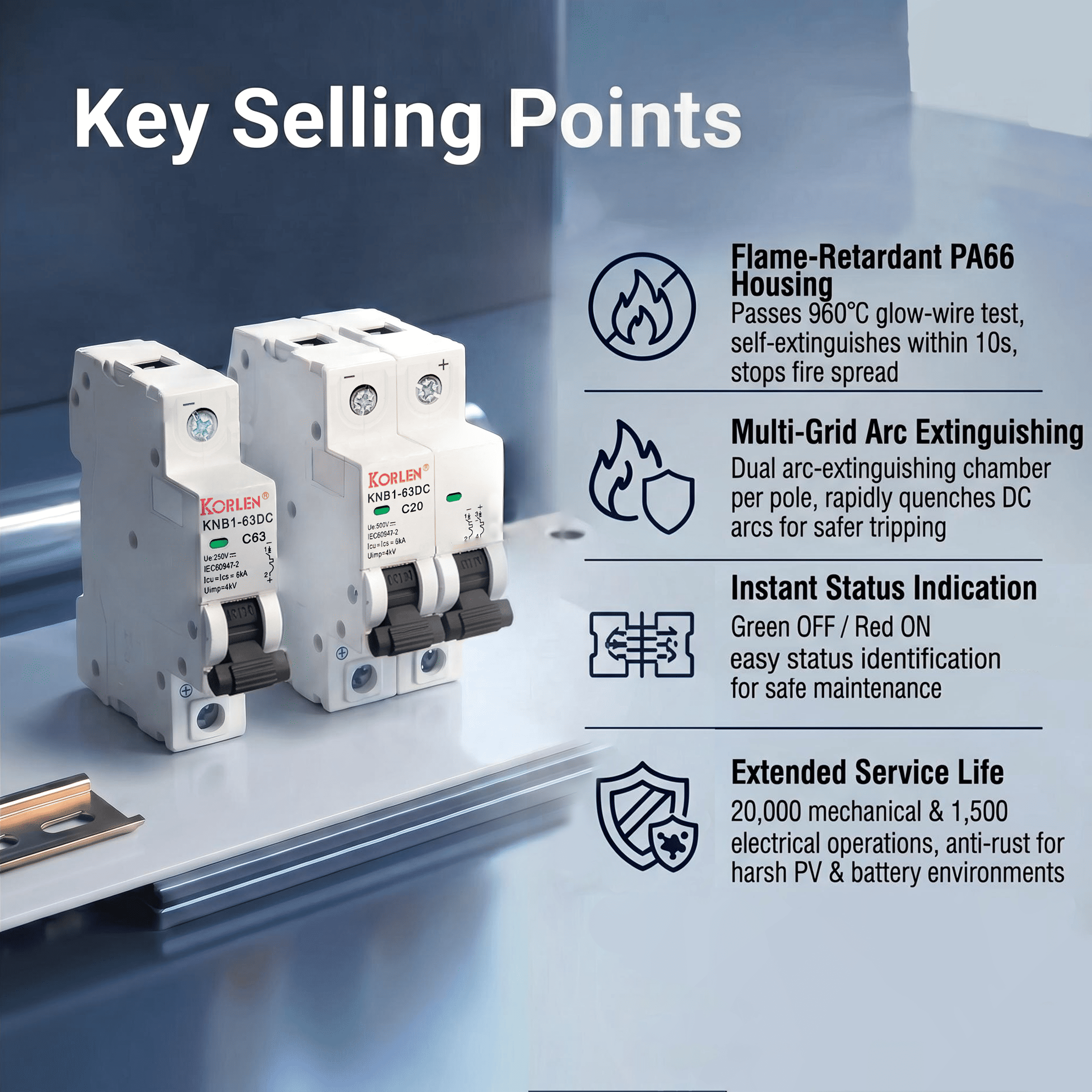 KNB1-63DC 1P 2P 4P 125V-1200V up to 15kA Solar PV ESS Miniature Circuit Breaker IEC EN60947-2 Copper Silver Contact Supplier · image 2