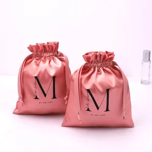 Custom Logo Printing Silk Drawstring Luxury Black Satin Hair Bundle Extension Underwear Packaging Pouch Silk Wig Bag