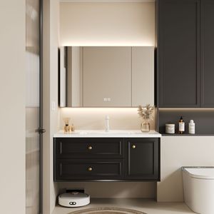 Wall Mounted Floating Fluted Vanity With Drawers, Modern 30 Inch <b>Bathroom</b> Vanity <b>Cabinet</b> With Ceramic Sink - <b>Walnut</b> - Product Image 4