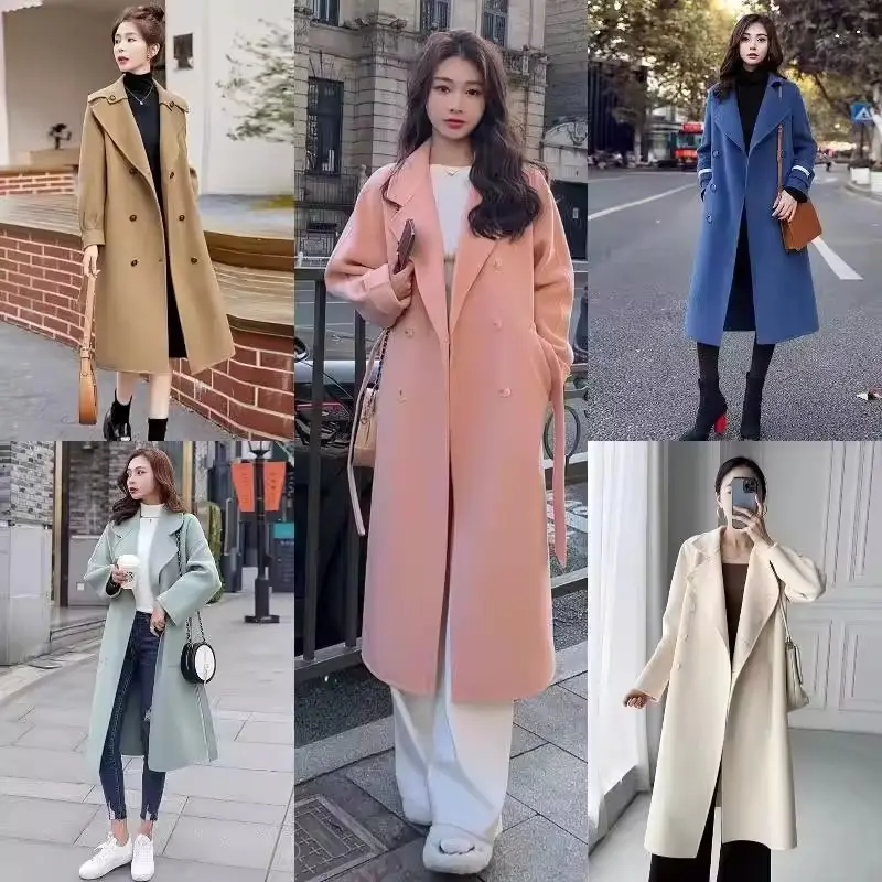 Custom Winter Women Fashion Wool Coat Fox Fur Collar Belt Design Woman Costs Slim Fit Long Cashmere Coats