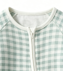Turkuaz Kareli Baskılı Desenli Ön Logolu Örme YKK Fermuarlı Bebek Pijama Takımı Tulum Gecelik Özelleştirilmiş Hizmet ile - Product Image 2