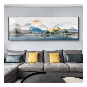 Stampa su Tela <span class=keywords><strong>di</strong></span> <span class=keywords><strong>Paesaggio</strong></span> Panoramico con <span class=keywords><strong>Montagna</strong></span> e Lago, Blu e Oro, per Hotel, Soggiorno, Ufficio, Interni Moderni - Product Image 1