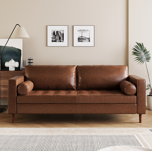 Canapé convertible 3 places Mirod Mid-Modern en cuir PU, design capitonné, pieds en bois massif, 2 coussins décoratifs, confortable - Product Image 1