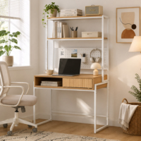 Bureau de travail à domicile OEM/ODM avec étagères de rangement de base, table d'écriture facile à assembler, commande en gros
